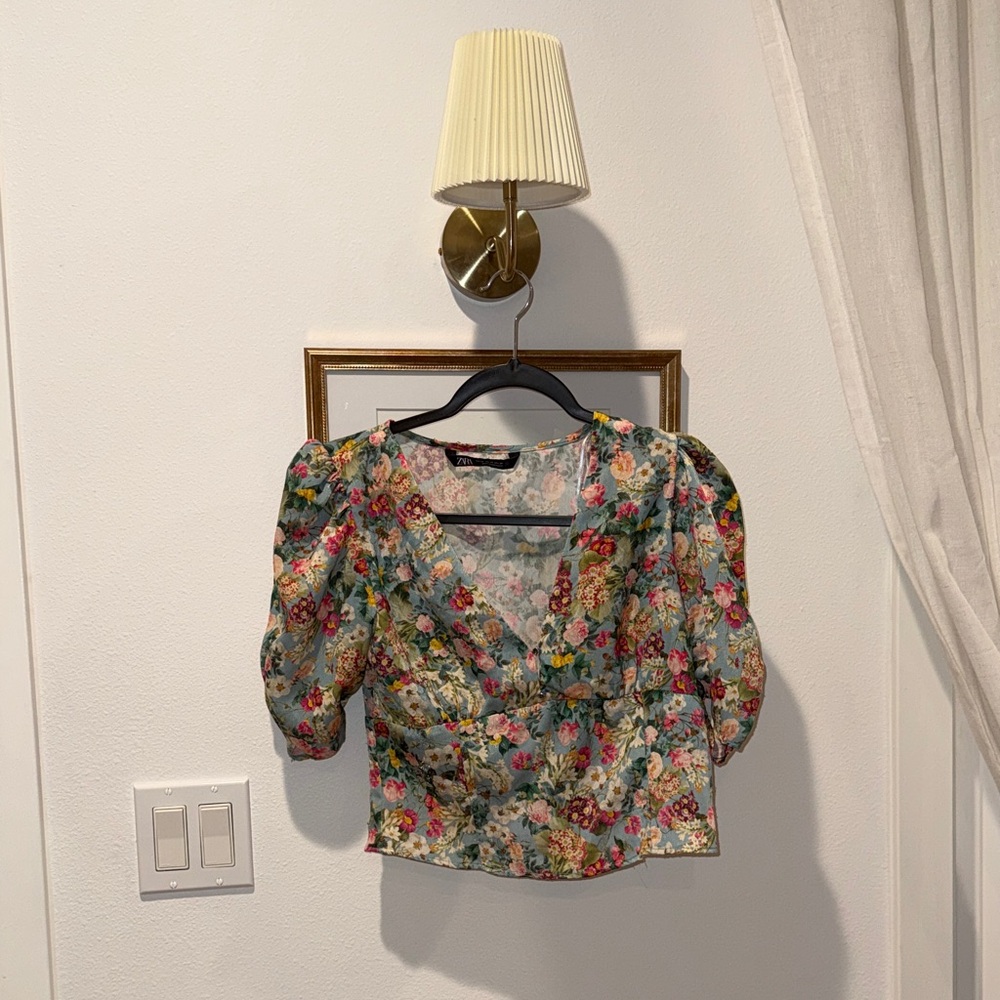Zara Floral V-Neck Puff Sleeve Blouse - Green Multi